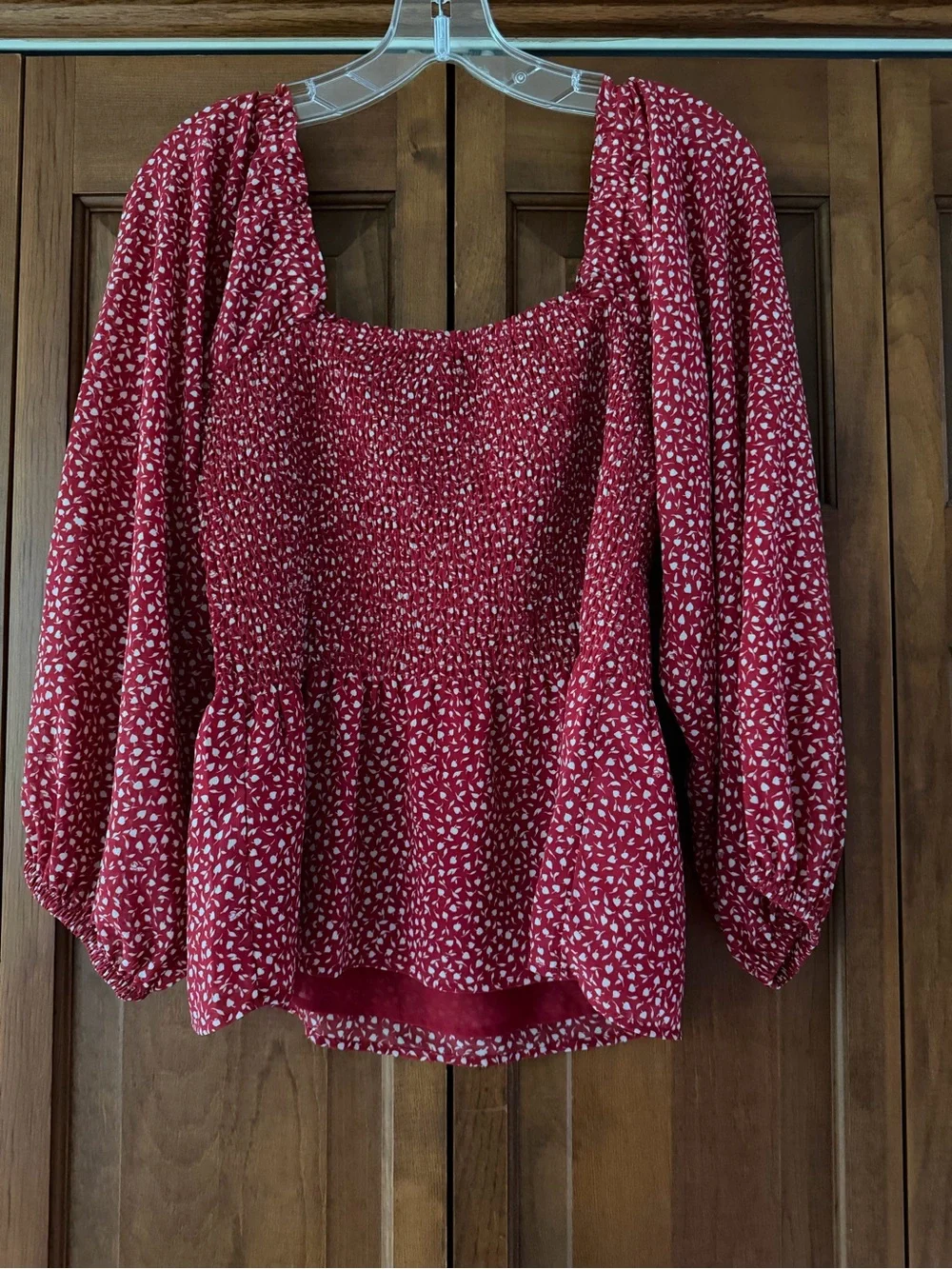 Madewell Red Smocked Peplum Blouse with Puff Sleeves
